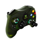 Hyperkin original Xbox wired controller in translucent green, angled view showing dual analog sticks, D-pad, triggers, and colored action buttons.