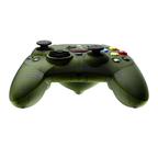 Hyperkin original Xbox wired controller in translucent green, low-angle view showing dual analog sticks, D-pad, and colored action buttons.