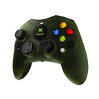 Hyperkin original Xbox wired controller in translucent green, angled front view with dual analog sticks, D-pad, and colored action buttons.