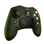 Hyperkin original Xbox wired controller in translucent green, angled close-up view showing dual analog sticks, D-pad, and colored action buttons.