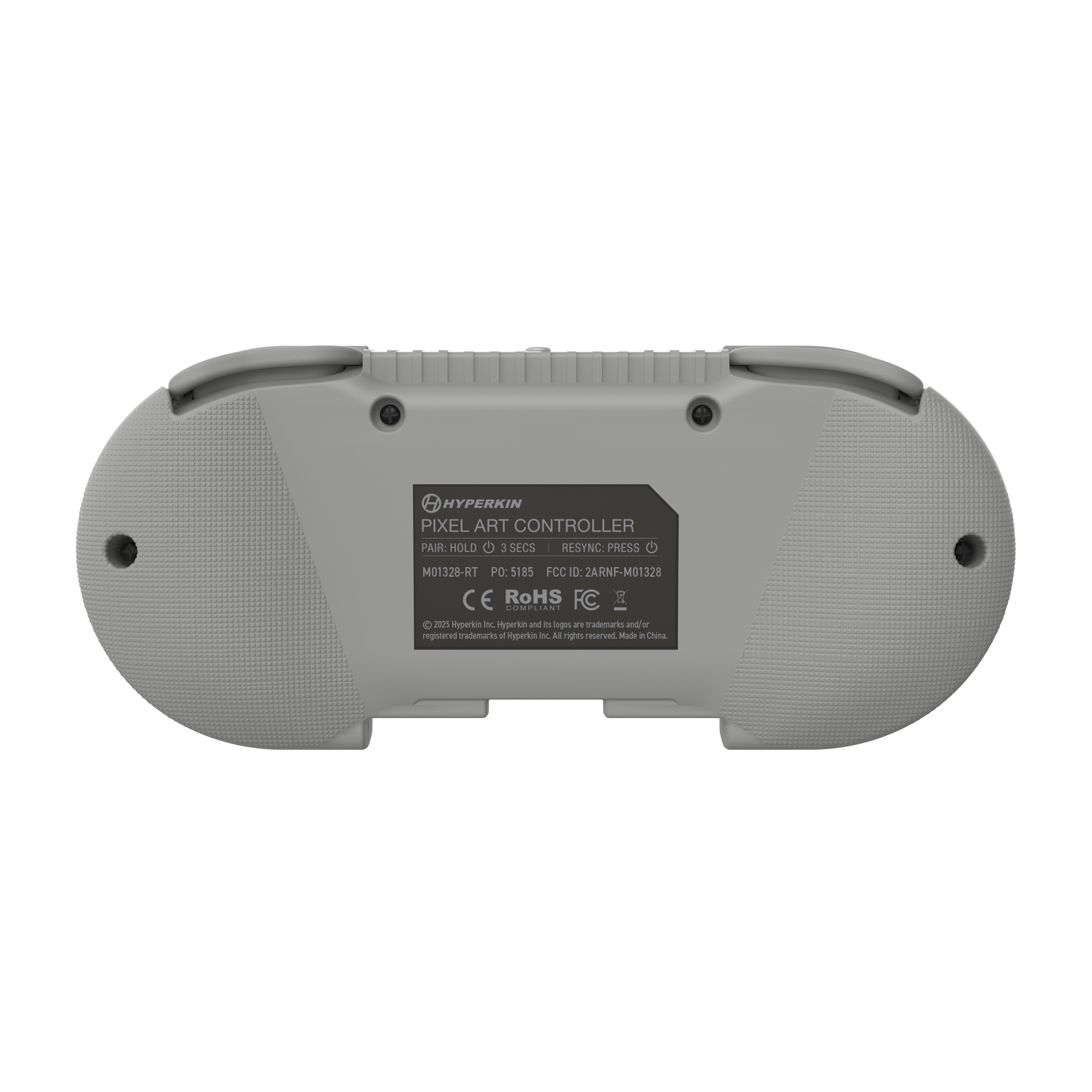 Gray pixel art controller with branding and certification labels on a white background
