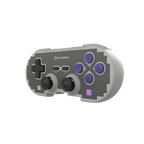 Gray gaming controller with purple buttons on a white background