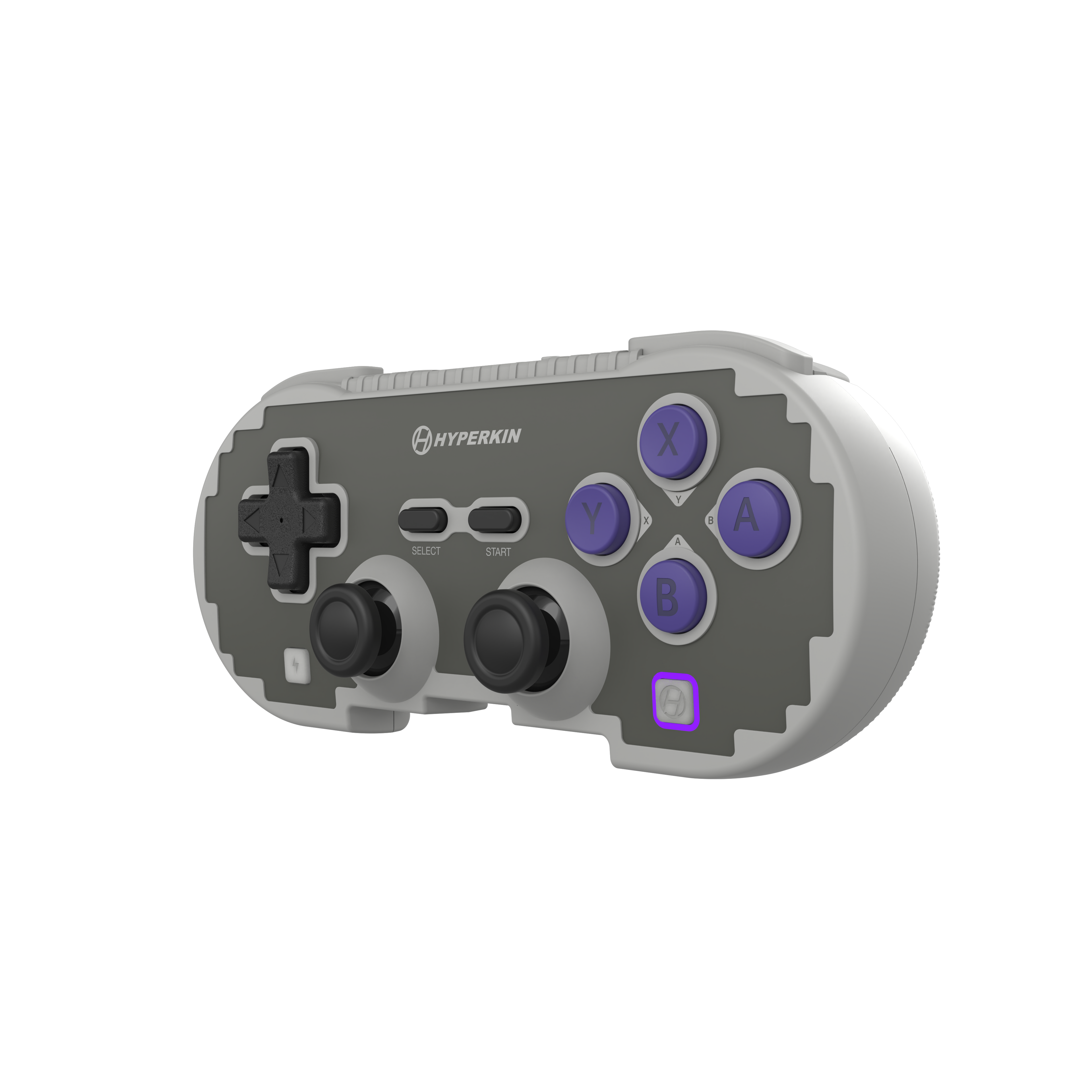 Gray gaming controller with purple buttons on a white background