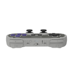 Gray gaming controller with purple buttons on a white background