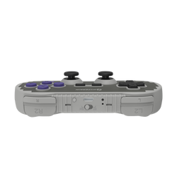 Gray gaming controller with purple buttons on a white background