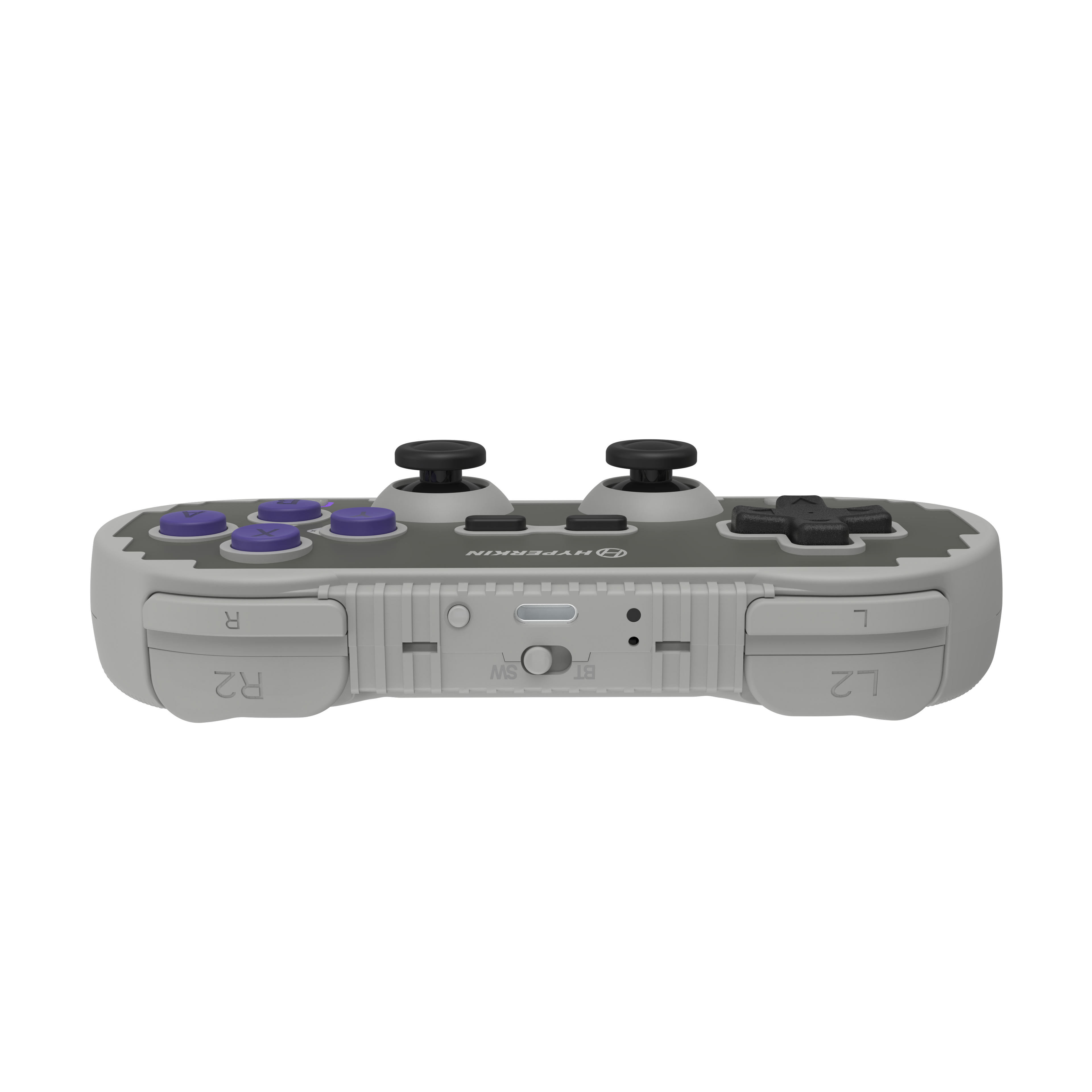 Gray gaming controller with purple buttons on a white background