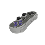 Gray gaming controller with purple buttons on a white background