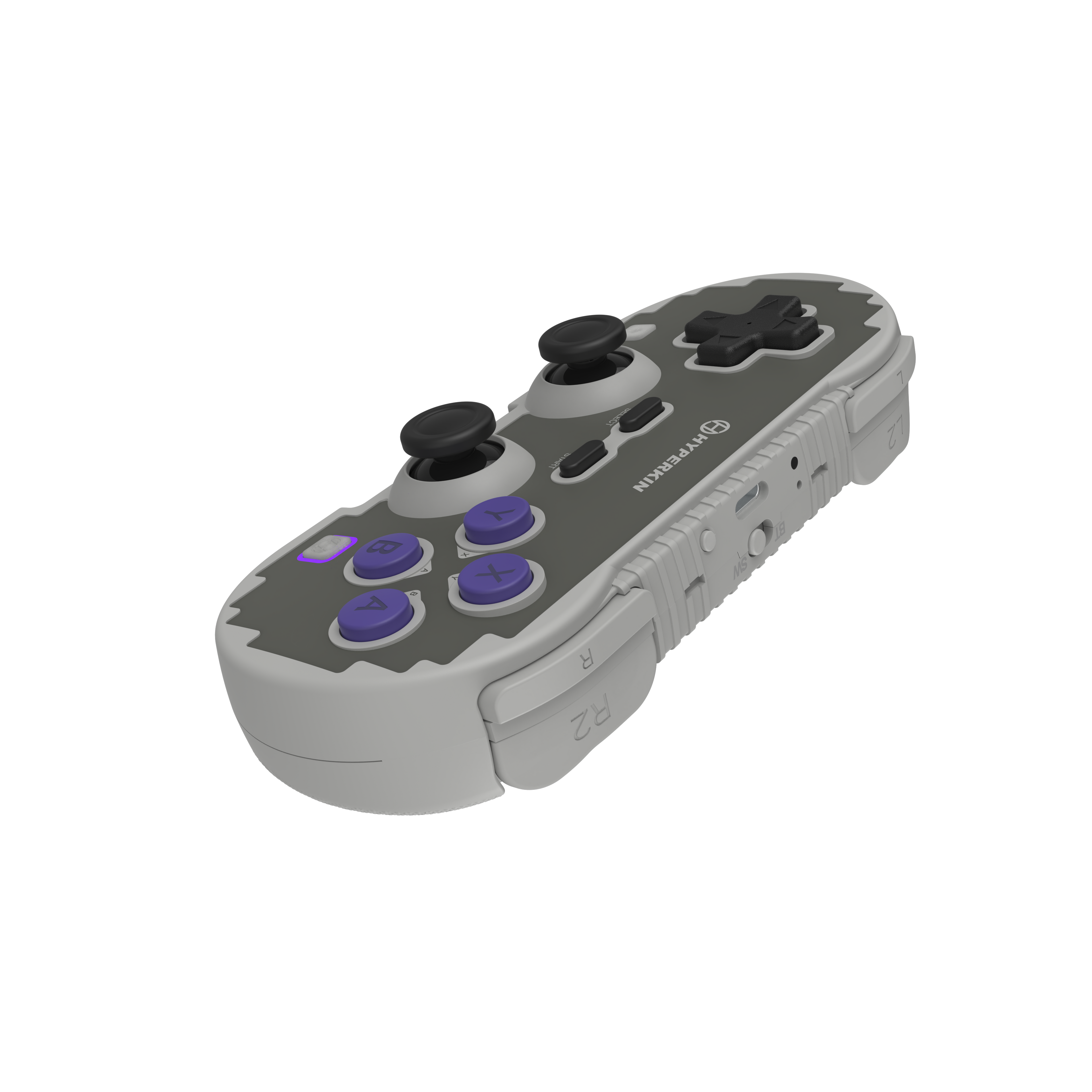 Gray gaming controller with purple buttons on a white background