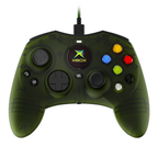 Hyperkin original Xbox wired controller in translucent green, front view with dual analog sticks, D-pad, colored action buttons, and center Xbox logo.