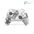 Xbox wireless controller in white and gray camouflage design, compatible with Xbox One, Series X|S, and Windows 10/11, front view with dual analog sticks and D-pad.