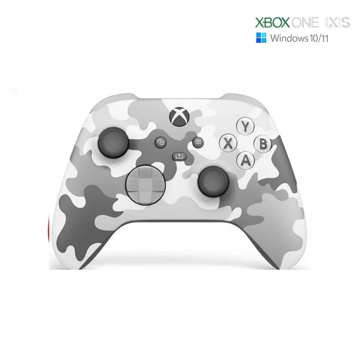 Xbox wireless controller in white and gray camouflage design, compatible with Xbox One, Series X|S, and Windows 10/11, front view with dual analog sticks and D-pad.