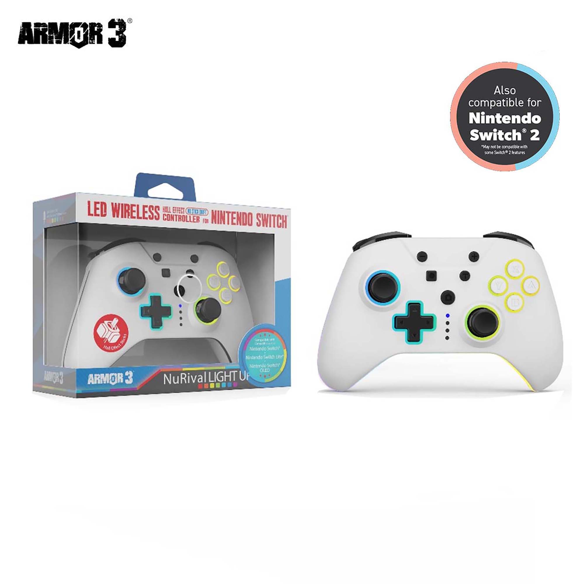 White gaming controller with colorful buttons next to its packaging, featuring Armor 3 branding.