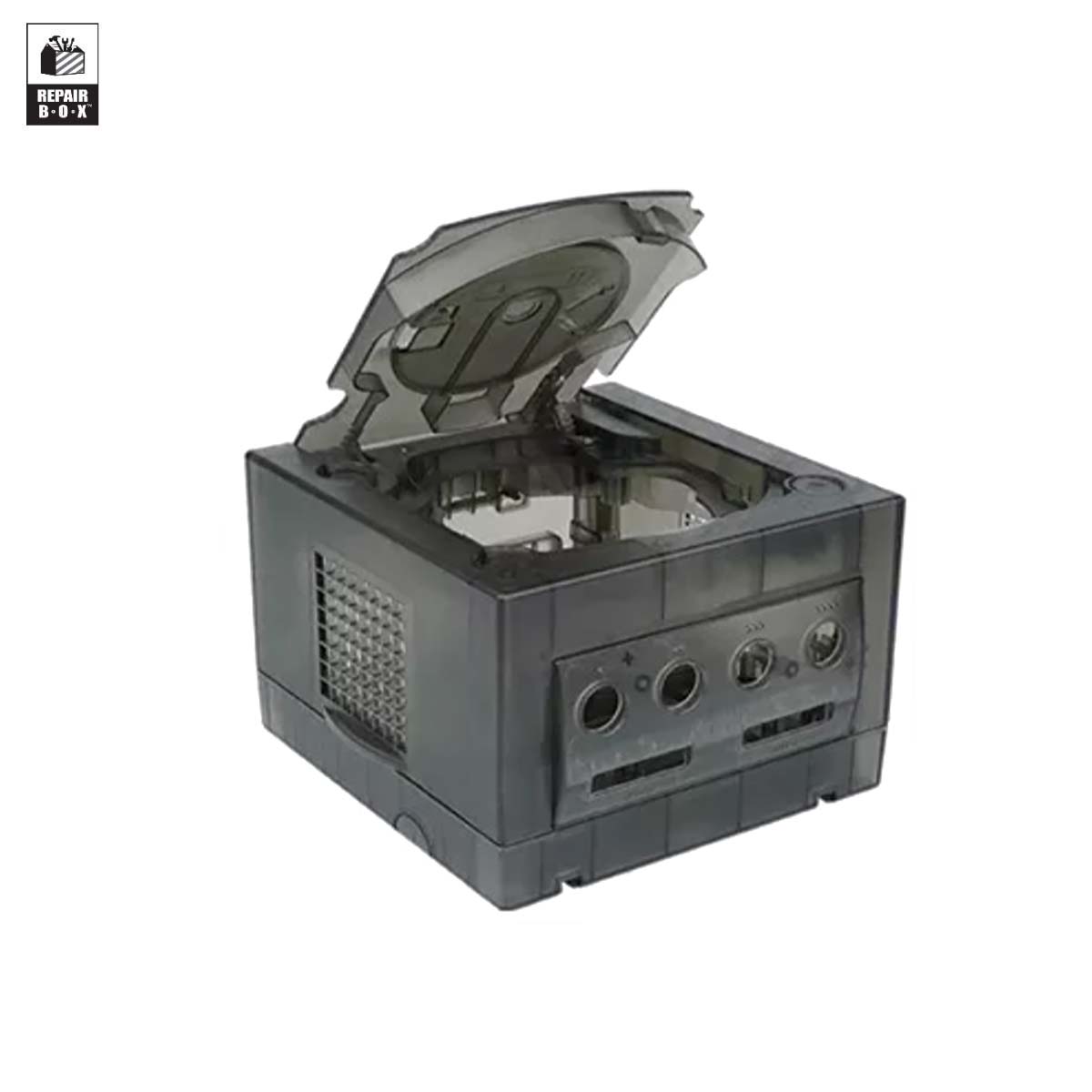 Gray cassette tape with open lid on a white background