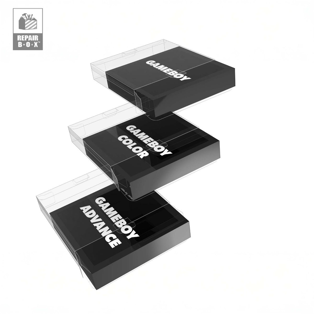 Set of Game Boy Advance and Color repair boxes on a white background