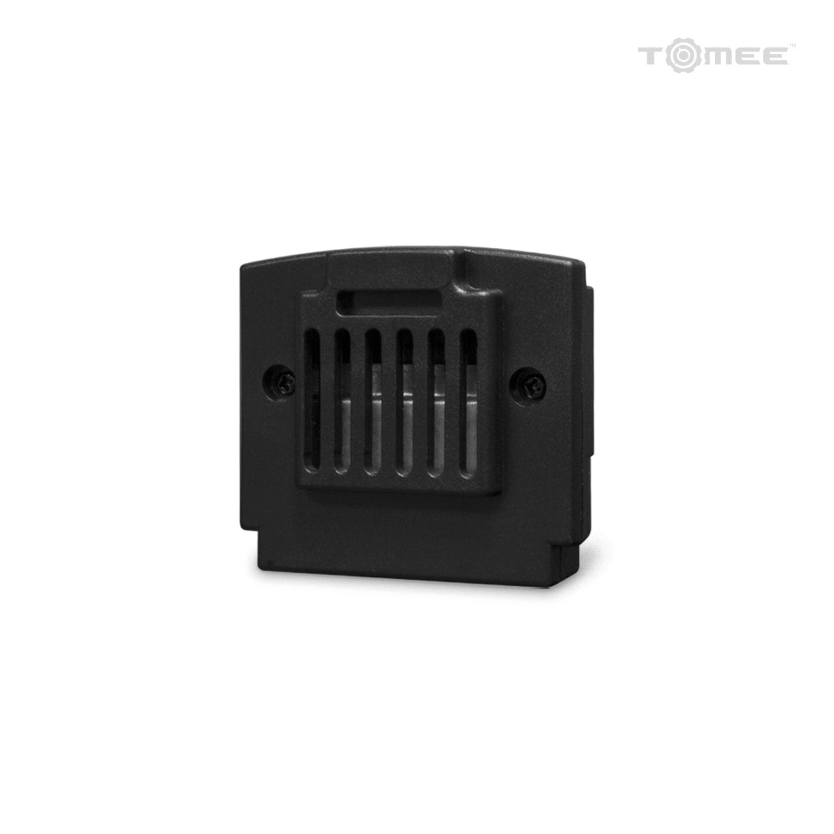 Tomee Jumper Pak for Nintendo 64, black memory expansion accessory, rear view with vented design and screw mounts.