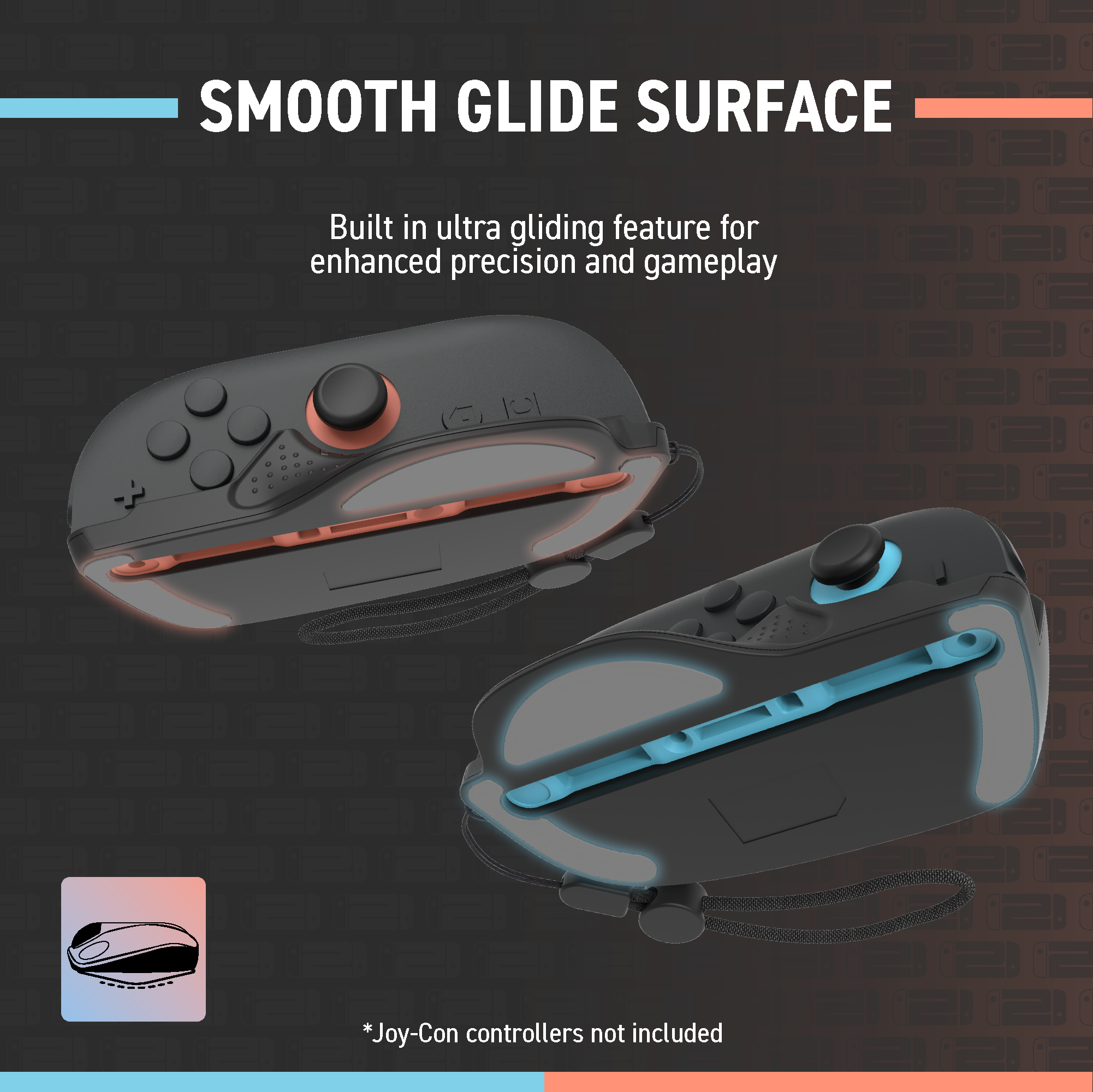 Gaming controller with smooth glide surface feature on a dark background