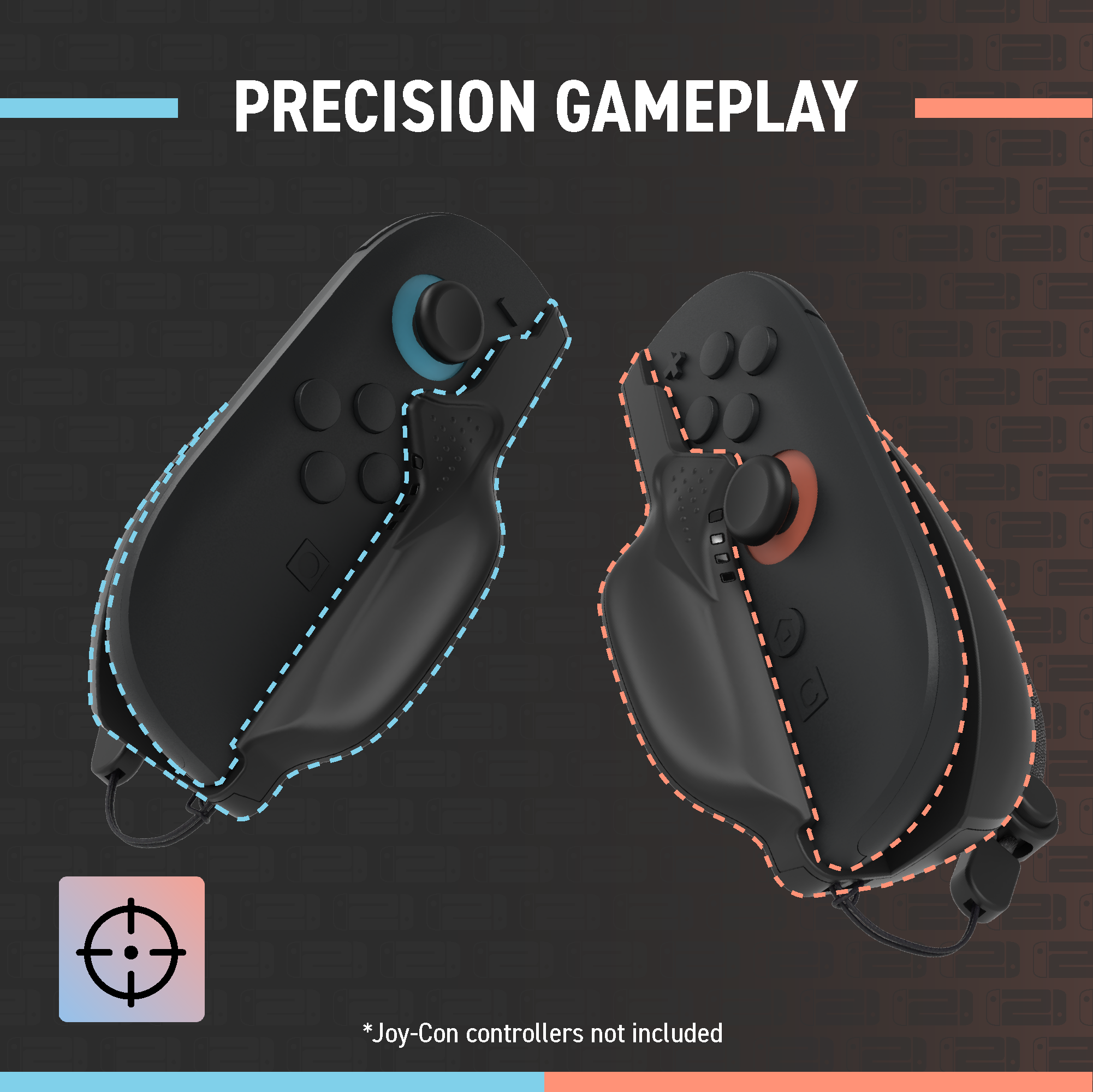 Two gaming controllers with precision gameplay text on a dark background