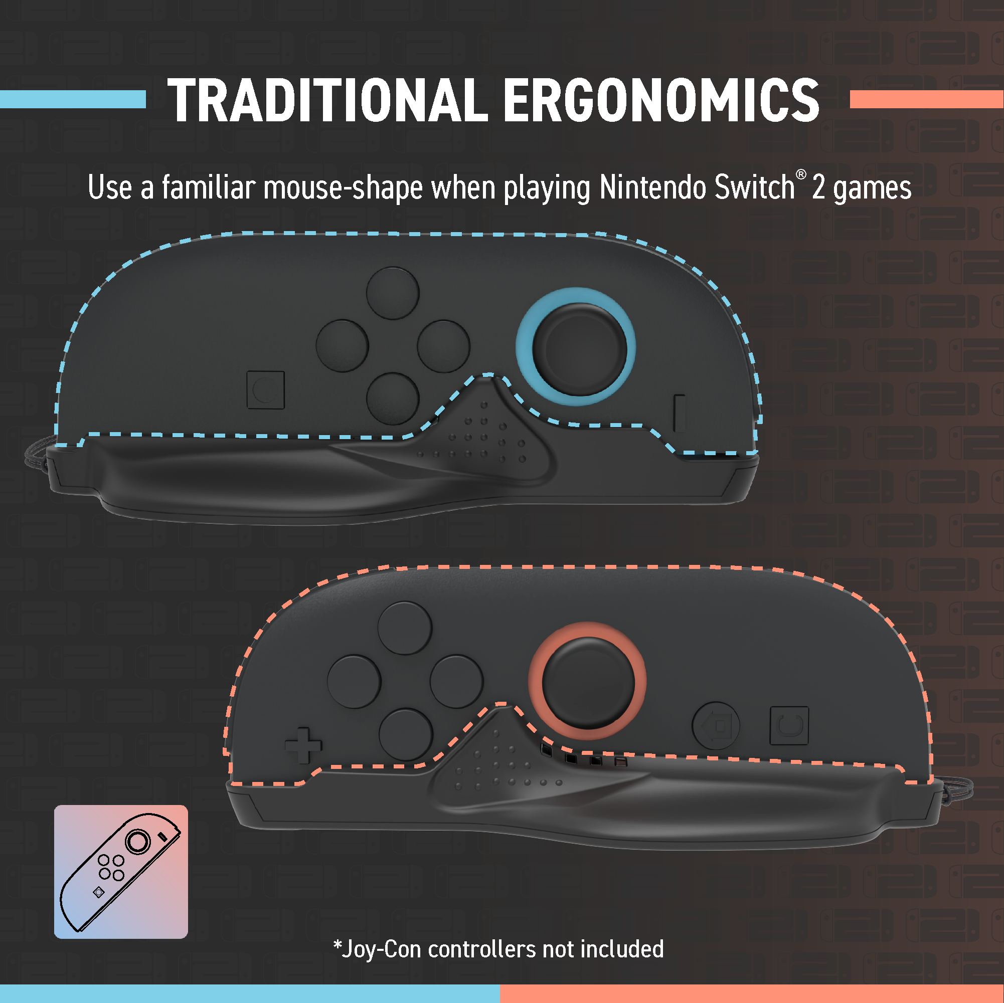 Gaming controller design with traditional ergonomics for Nintendo Switch games on a dark background.