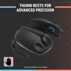 Black gaming controller with thumb rests on a dark background, featuring text about advanced precision.