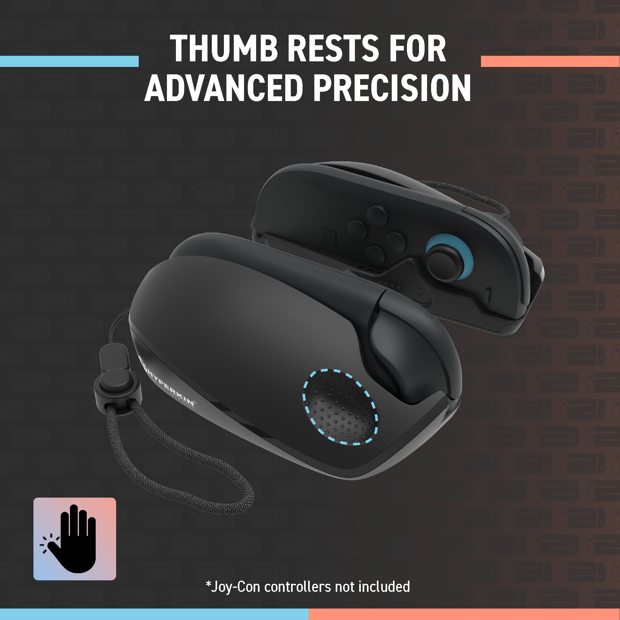 Black gaming controller with thumb rests on a dark background, featuring text about advanced precision.