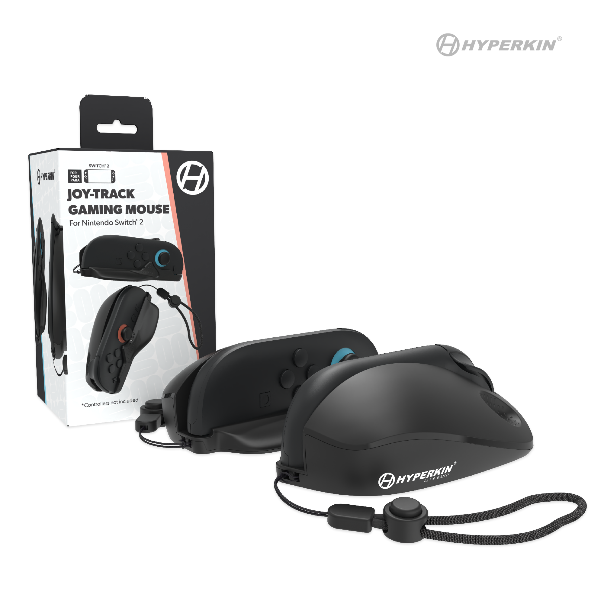 Hyperkin Joy-Track gaming mouse controllers for Nintendo Switch 2, featuring black mouse-style design with wrist straps.