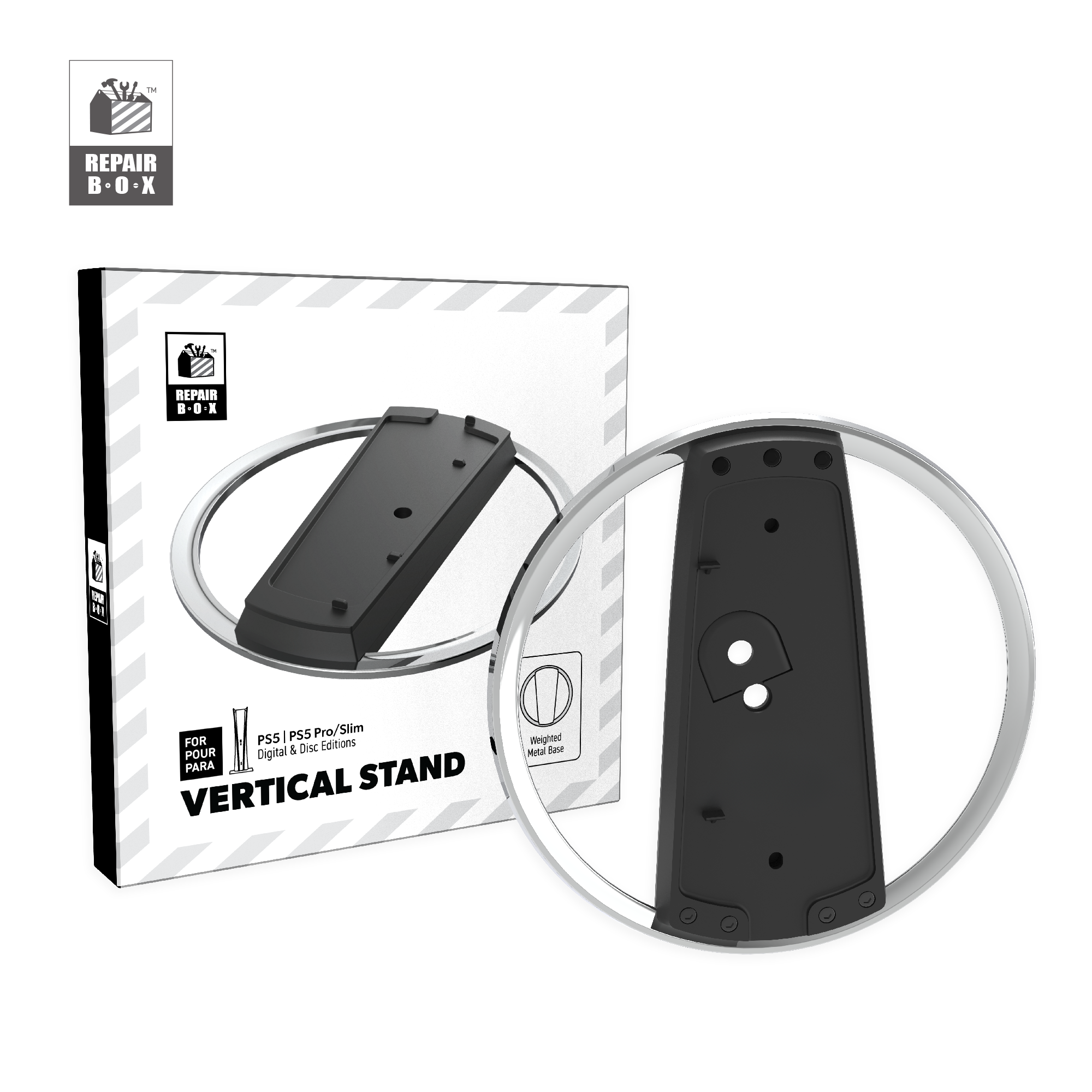 Black vertical stand with packaging labeled 'Vertical Stand' on a white background
