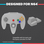 N64 controller and console on a gray background with text indicating compatibility.