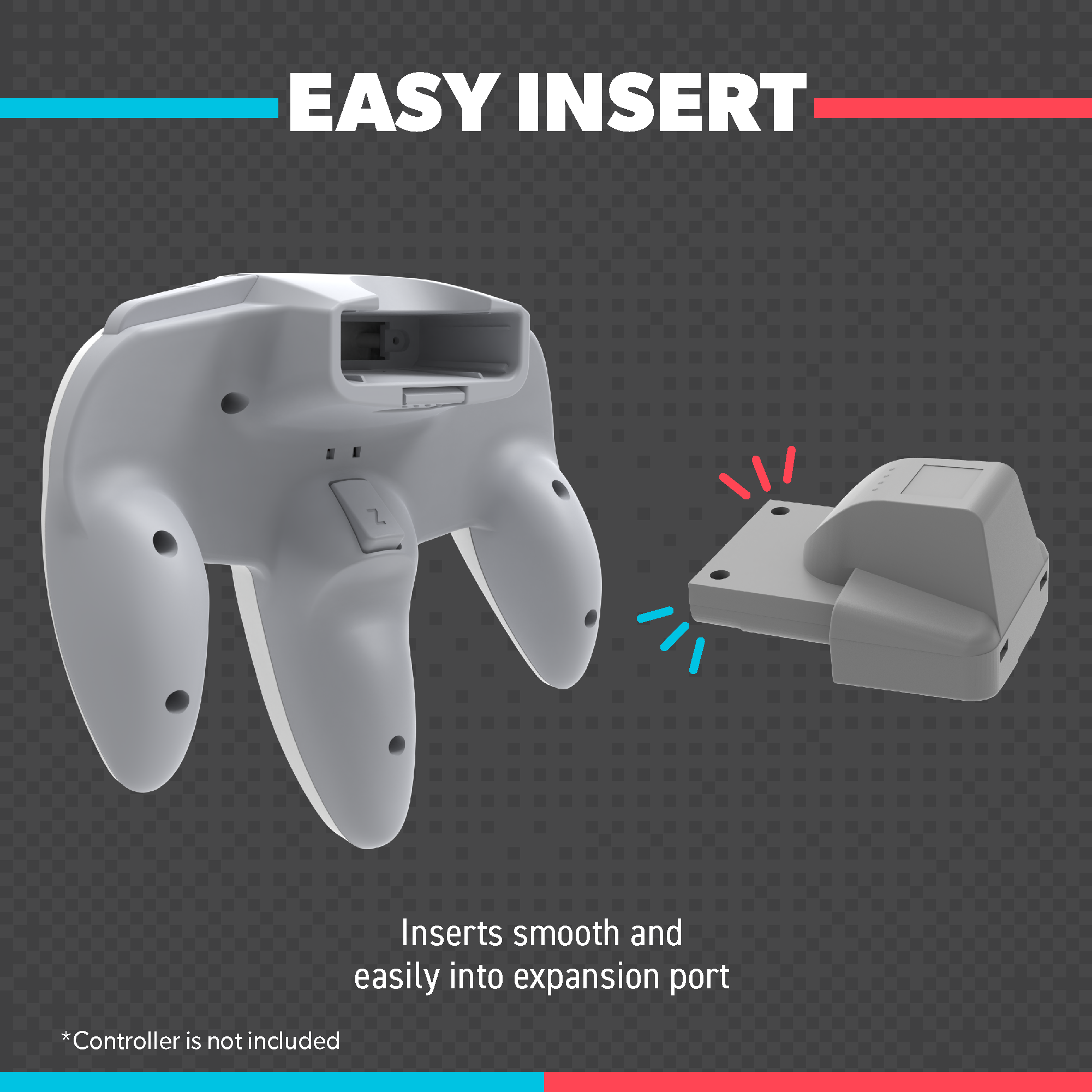 Gaming controller expansion port with text 'Easy Insert' on a gray background
