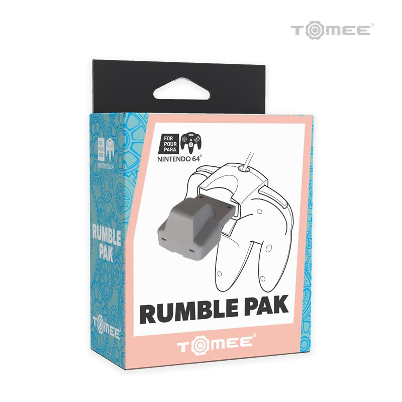 Packaging of a Rumble Pak for Nintendo 64 with Tomee branding on a white background.