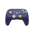 Purple gaming controller with colorful buttons on a white background