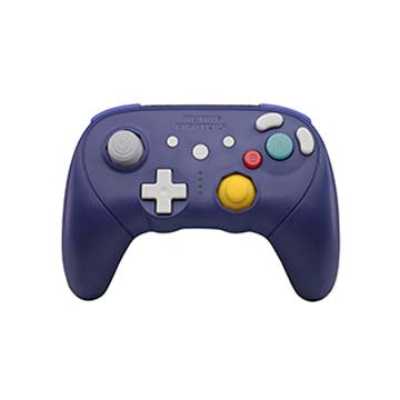 Purple gaming controller with colorful buttons on a white background