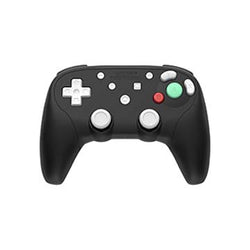 Black gaming controller with white and colored buttons on a white background