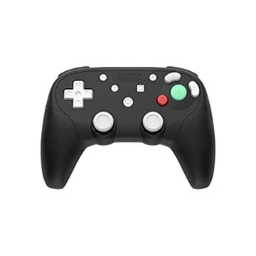 Black gaming controller with white and colored buttons on a white background