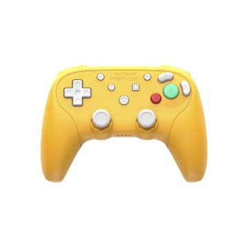 Yellow gaming controller with colorful buttons on a white background