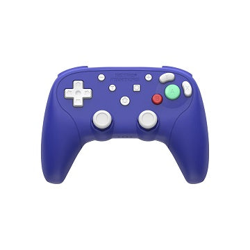 Blue gaming controller with colorful buttons on a white background