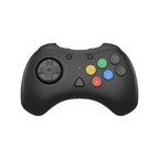 Retro Fighters D6 wireless controller in black, front view with D-pad, multicolor buttons, and ergonomic design for Dreamcast, Switch, and PC gaming.