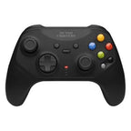 Black game controller with dual thumbsticks and colored buttons.
