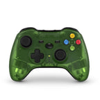 Retro Fighters wireless controller in translucent green, front view with dual analog sticks, D-pad, and colored action buttons for retro gaming.
