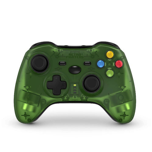 Retro Fighters wireless controller in translucent green, front view with dual analog sticks, D-pad, and colored action buttons for retro gaming.