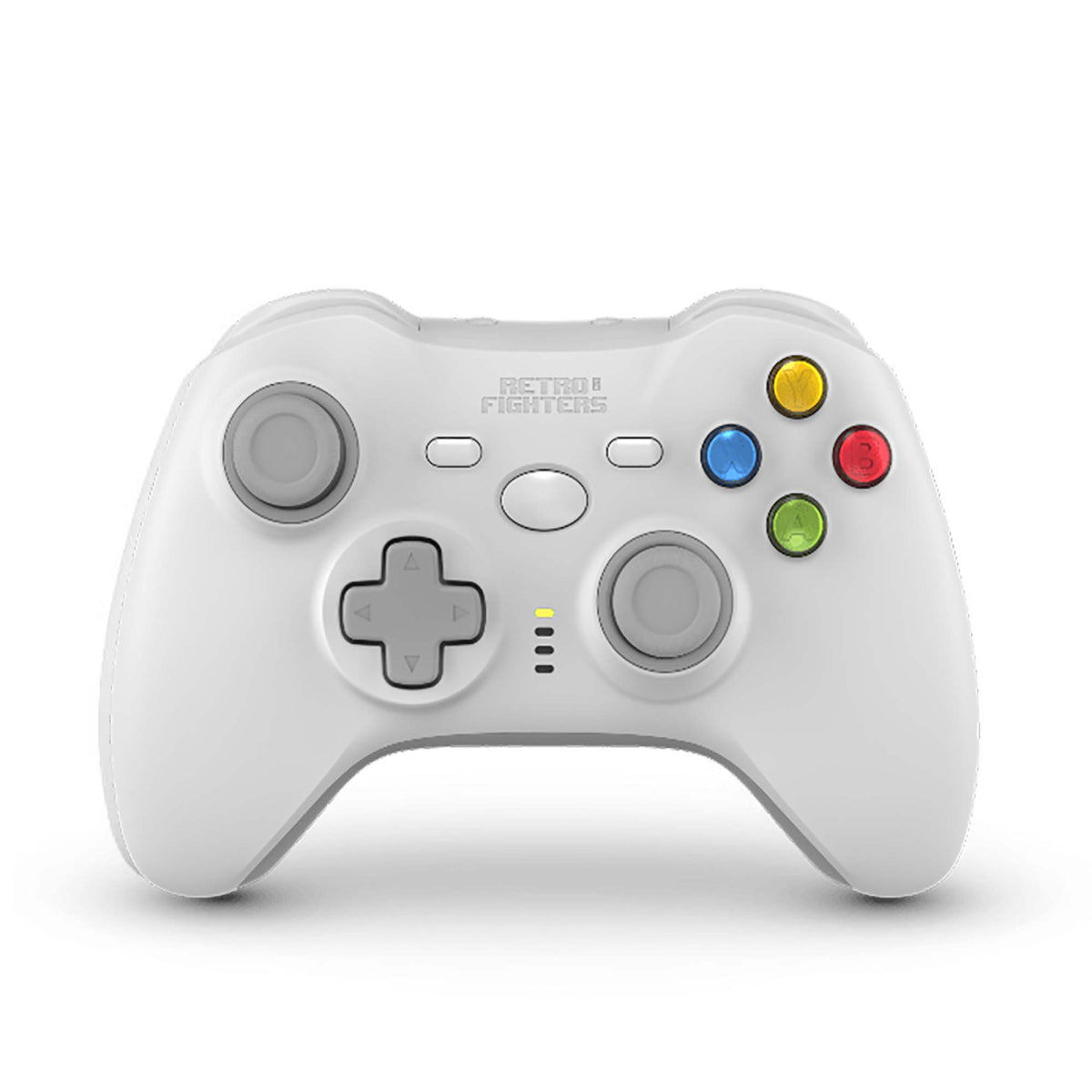Retro Fighters wireless controller in white, front view with dual analog sticks, D-pad, and colored action buttons for retro gaming.