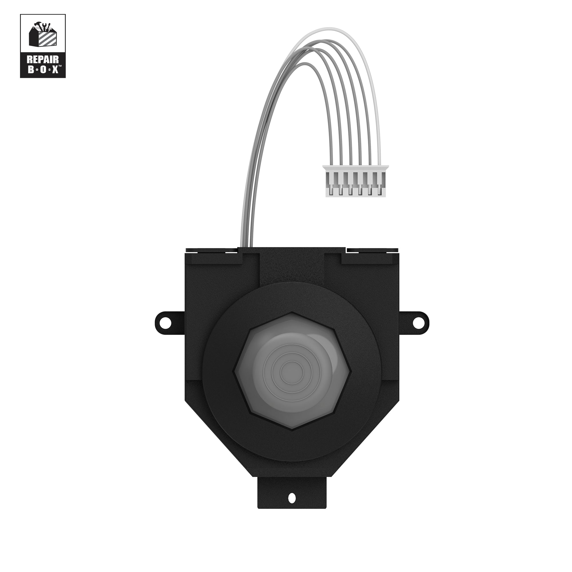 Hyperkin Hall Effect Joystick replacement module for Nintendo 64 controller, featuring a black housing with circular center, two mounting holes, and five-wire connector. Ideal for drift-free, plug-and-play N64 joystick repair and upgrade.