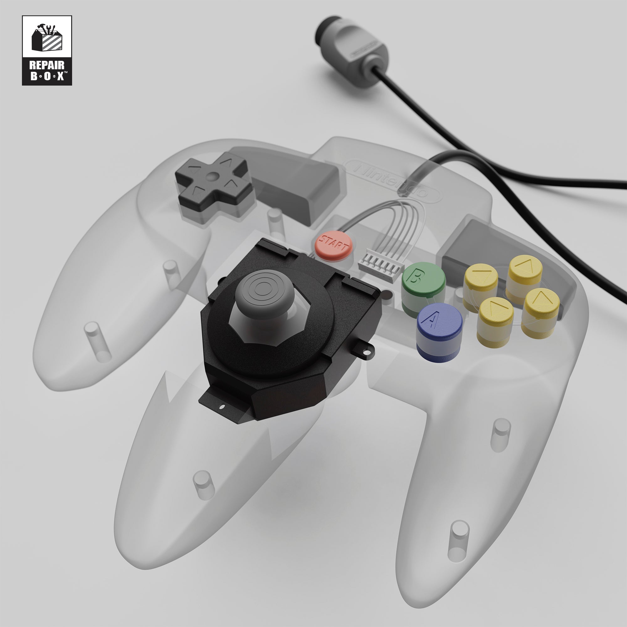 Transparent Nintendo 64 controller showcasing internal joystick mechanism and button layout, including D-pad, A/B buttons, C buttons, and Start button. Ideal for illustrating N64 joystick repair, Hall Effect upgrade, and retro gaming controller restoration.