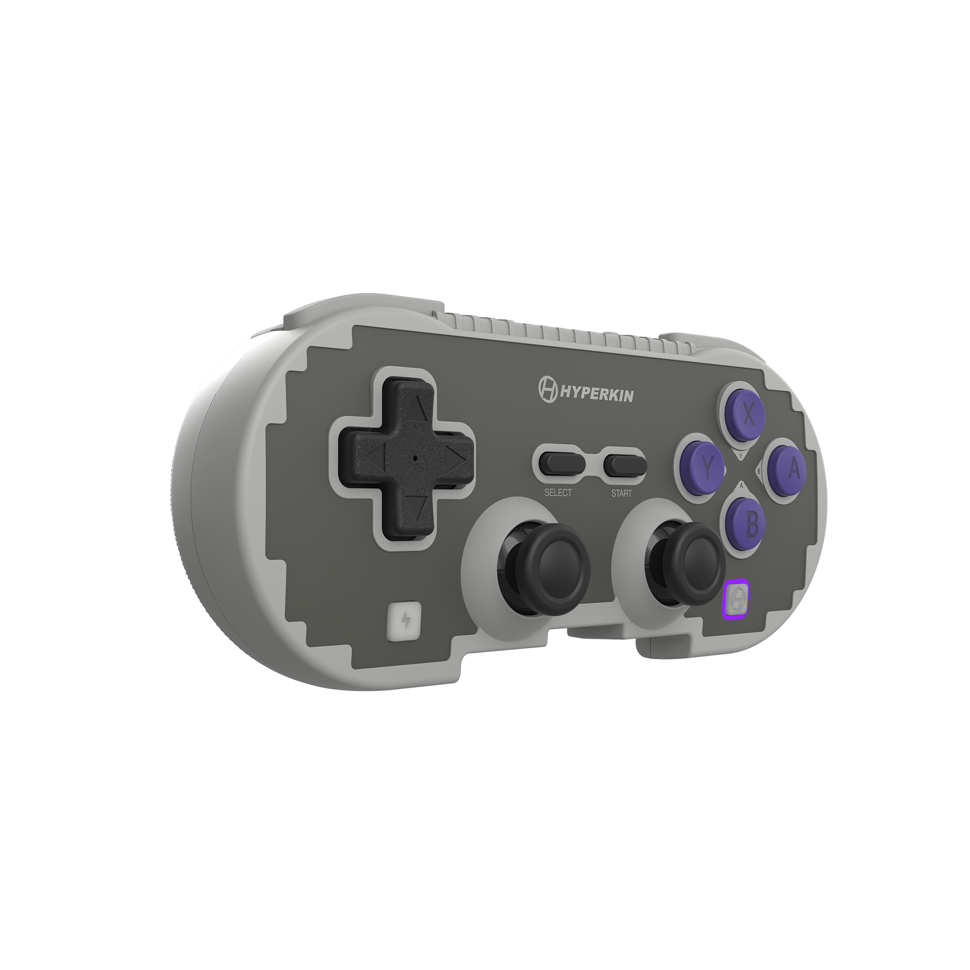 Gray gaming controller with purple buttons on a white background, featuring the Hyperkin brand.