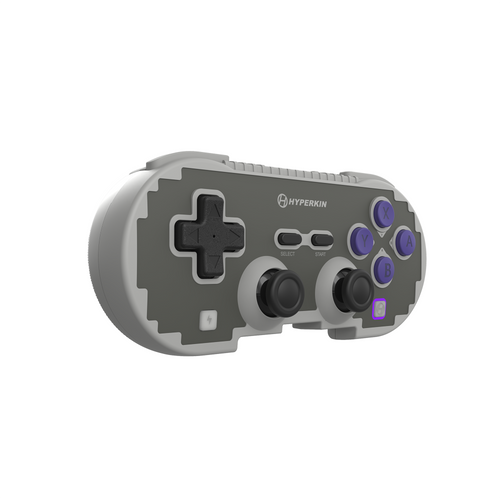 Gray gaming controller with purple buttons on a white background, featuring the Hyperkin brand.