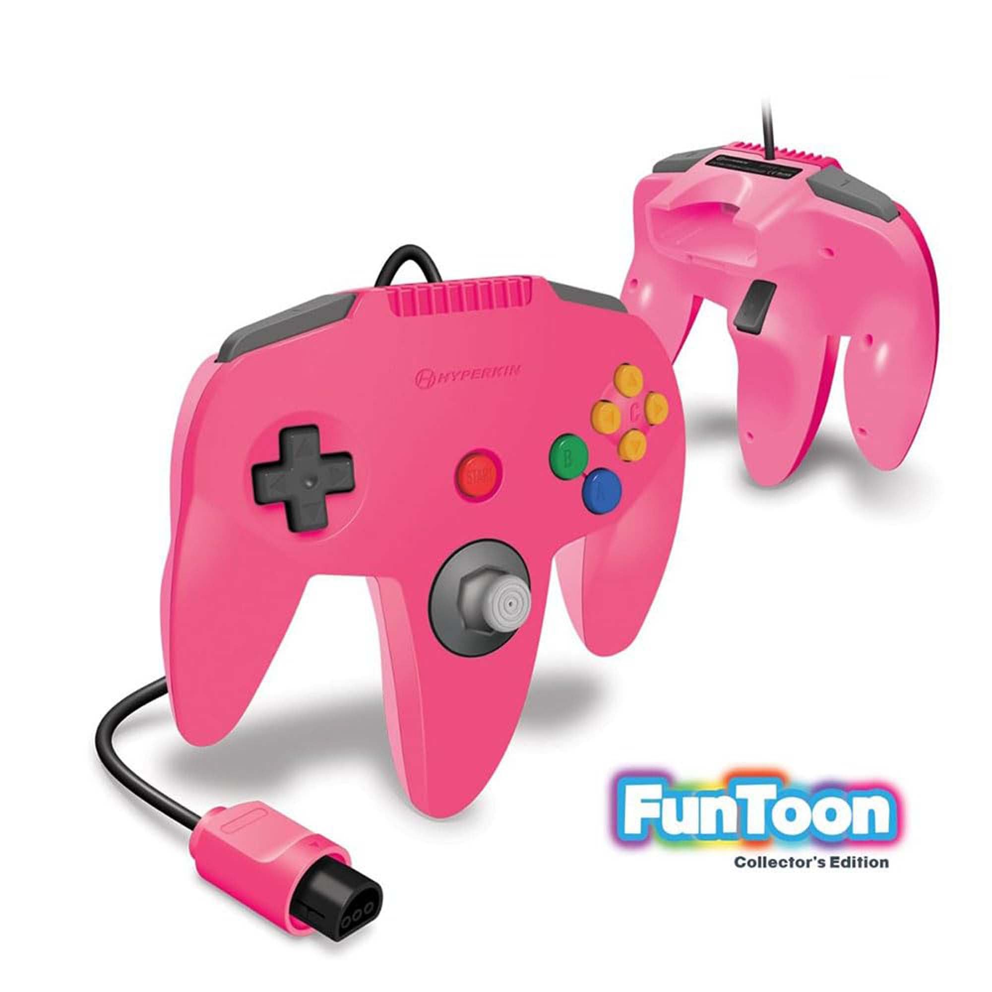 Pink gaming controller with colorful buttons on a white background, featuring the FunToon logo.