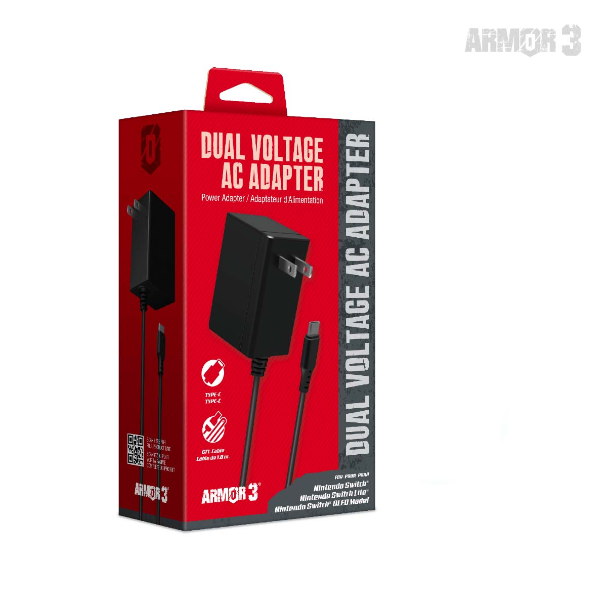 Red packaging of a dual voltage AC adapter with 'Armor 3' branding on a white background.