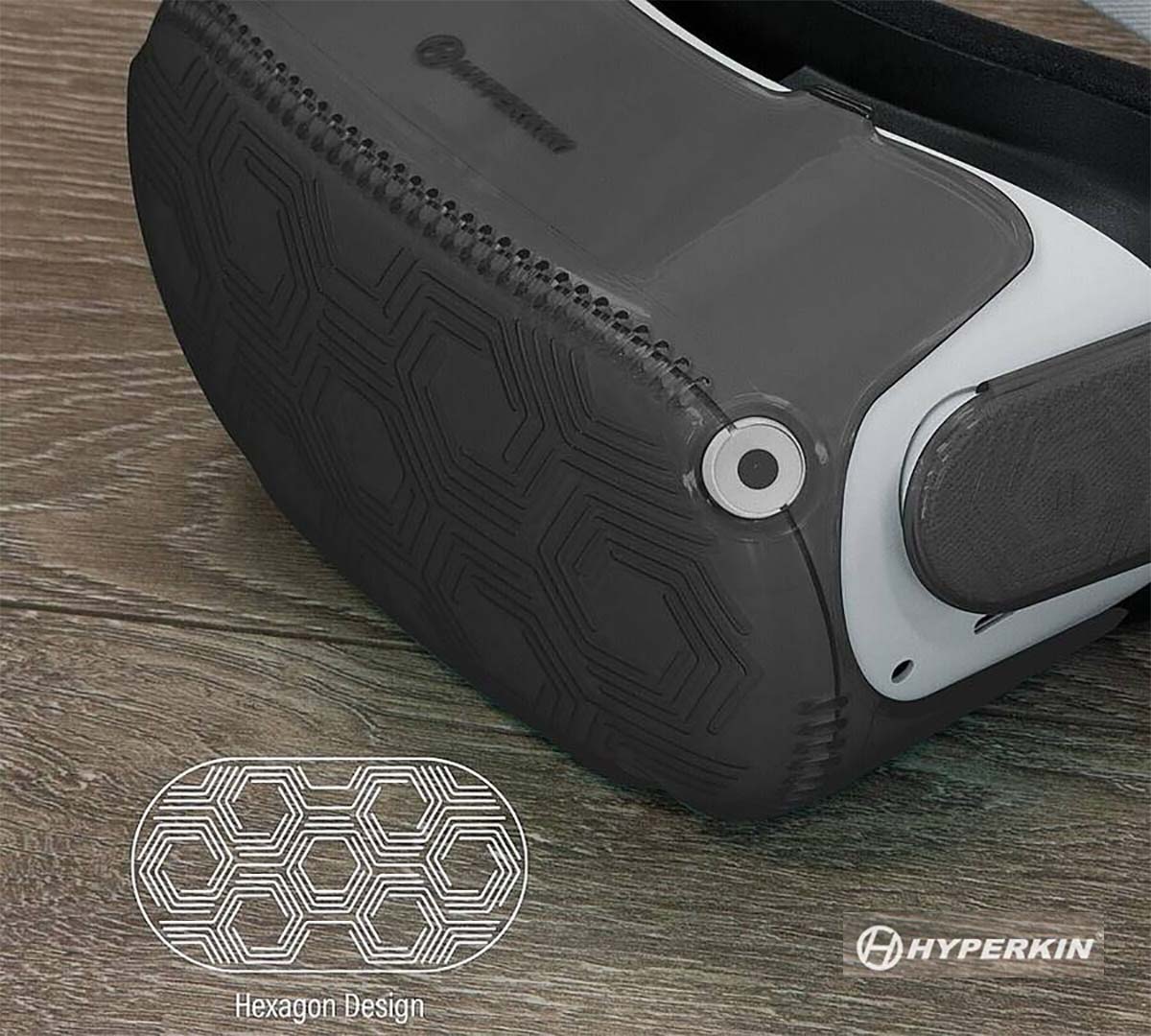 Close-up of a black gaming console case with Hyperkin branding on a wooden surface.