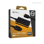 Product packaging for a Hyperkin “3-in-1 HDTV Cable Pro Edition” in black and gold. The box shows an adapter with an HDMI output and a multi-console input cable, labeled for GameCube, N64, and Super NES compatibility. The front features the Hyperkin logo, “Let’s Game!” tagline, and an “HD” badge.