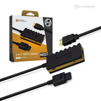 Product image showing a Hyperkin 3-in-1 HDTV Cable Pro Edition alongside its retail box. The black and gold adapter is connected to an HDMI cable on one end and a multi-console connector on the other, compatible with GameCube, N64, and Super NES. The packaging features product images, the Hyperkin logo with “Let’s Game!” text, and an “HD” label.