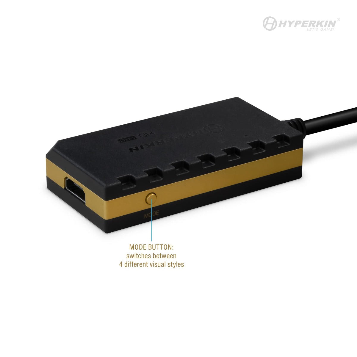 Hyperkin 3-in-1 HDTV Cable Pro adapter with HDMI output and mode button for switching between 4 visual display styles, compatible with GameCube, N64, and Super NES.